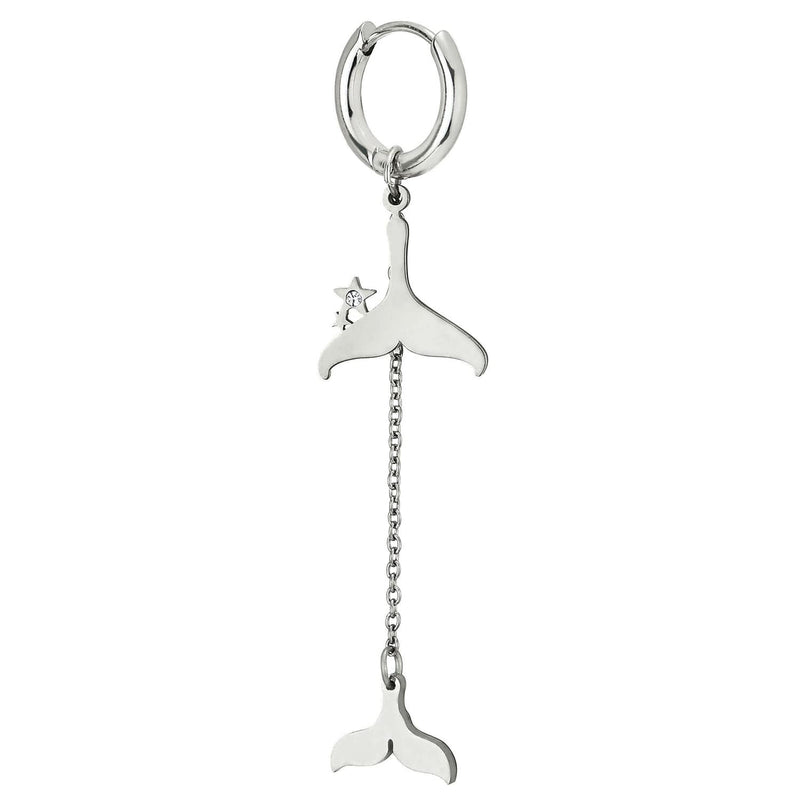Pair Women Steel Huggie Hinged Hoop Earrings with Dangling Long Chain and Mermaid Dolphin Whale Tail - COOLSTEELANDBEYOND Jewelry