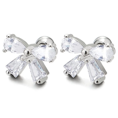 Pair Womens Sparkling Steel Bow Tie Flower Stud Earrings with Cubic Zirconia, Screw Back - COOLSTEELANDBEYOND Jewelry