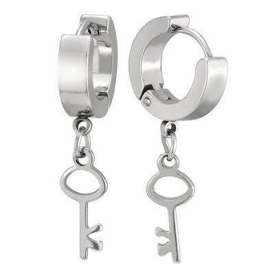 Pair Womens Steel Huggie Hinged Hoop Earrings with Dangling Key - COOLSTEELANDBEYOND Jewelry