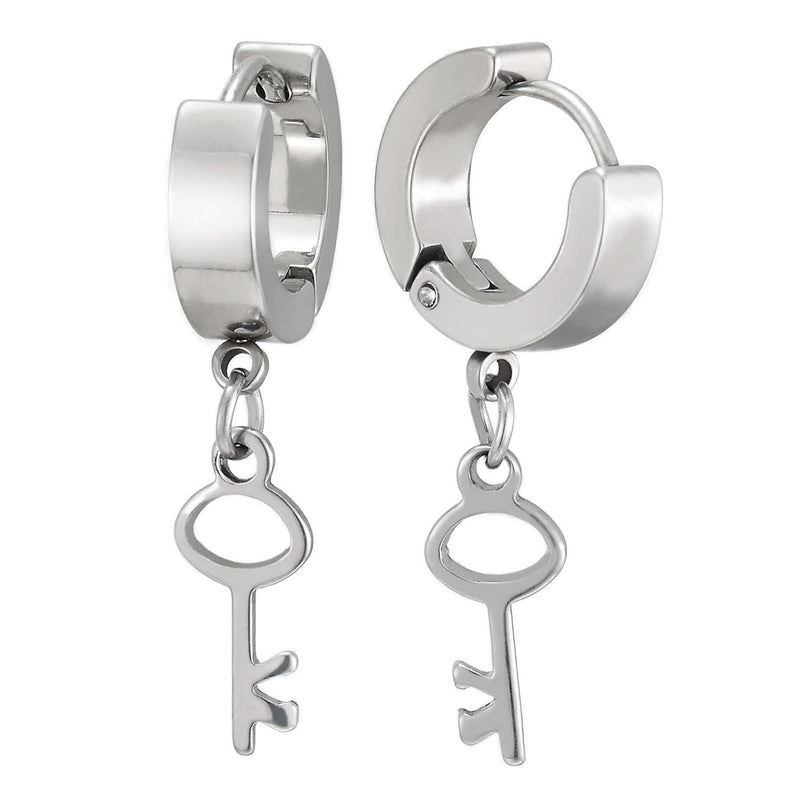 Pair Womens Steel Huggie Hinged Hoop Earrings with Dangling Key - COOLSTEELANDBEYOND Jewelry