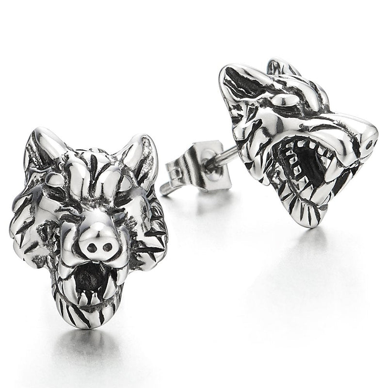 Rock Punk Mens Vintage Wolf Head Stud Earrings in Stainless Steel, 2 Pcs - coolsteelandbeyond