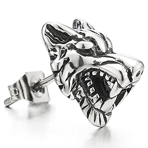 Rock Punk Mens Vintage Wolf Head Stud Earrings in Stainless Steel, 2 Pcs - coolsteelandbeyond