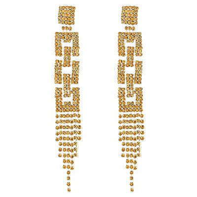 Sparkle Art Deco Champagne Rhinestone Pave Cluster Geometric Tassel Long Statement Earring Gold - COOLSTEELANDBEYOND Jewelry