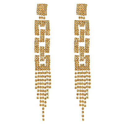Sparkle Art Deco Champagne Rhinestone Pave Cluster Geometric Tassel Long Statement Earring Gold - COOLSTEELANDBEYOND Jewelry