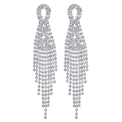 Sparkling Bridal Wedding Party Prom Rhinestone Tassel Long Dangle Drop Large Statement Earrings - COOLSTEELANDBEYOND Jewelry