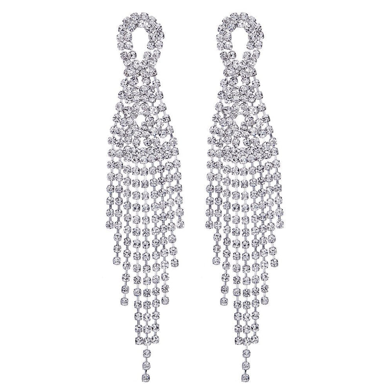 Sparkling Bridal Wedding Party Prom Rhinestone Tassel Long Dangle Drop Large Statement Earrings - COOLSTEELANDBEYOND Jewelry