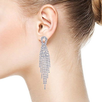 Sparkling Bridal Wedding Party Prom Rhinestone Tassel Long Dangle Drop Large Statement Earrings - COOLSTEELANDBEYOND Jewelry