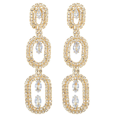 Sparkling Party Prom Banquet Crystal Rhinestone Cluster Oval Link Long Dangle Earrings Gold Color - COOLSTEELANDBEYOND Jewelry