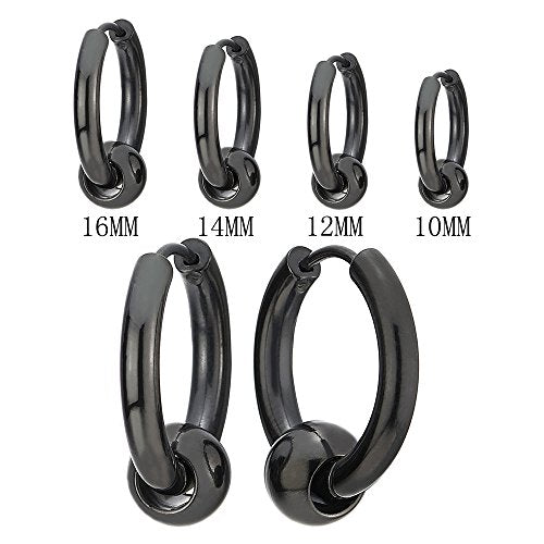 Stainless Steel Black Circle Beads Huggie Hinged Hoop Earrings for Men Women, 2pcs - coolsteelandbeyond