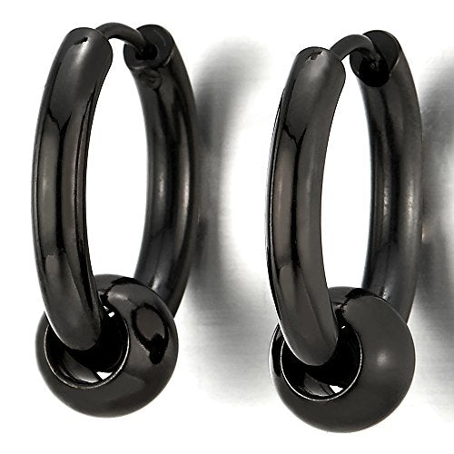 Stainless Steel Black Circle Beads Huggie Hinged Hoop Earrings for Men Women, 2pcs - coolsteelandbeyond