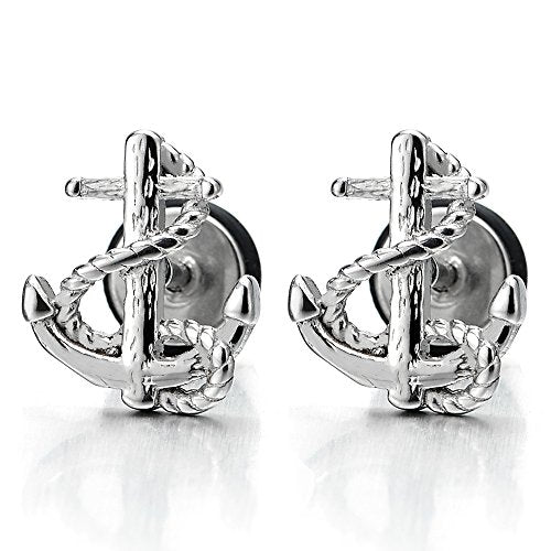 Stainless Steel Mens Women Marine Anchor Stud Earrings, Screw Back, 2 pcs - coolsteelandbeyond