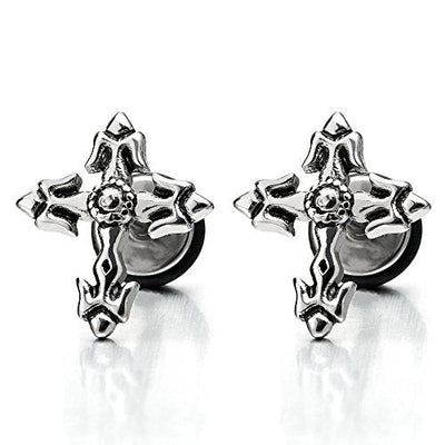 Stainless Steel Vintage Spear Cross Stud Earrings for Man, Screw Back, 2pcs - coolsteelandbeyond