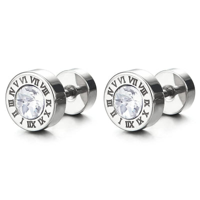 Steel Circle Fake Plugs Ear Cheater Tunnel Gauges Earrings with Roman Numeral and CZ 2 pcs - COOLSTEELANDBEYOND Jewelry