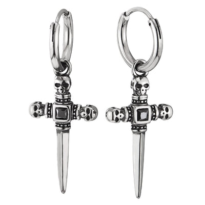 Steel Circle Huggie Hinged Hoop Earrings with Skull Sword Cross and Black Cubic Zirconia, Mens Women - COOLSTEELANDBEYOND Jewelry