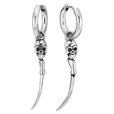 Steel Huggie Hinged Earrings with Dangling Vintage Spiked Curved Tail Sword Skull, Mens Women - COOLSTEELANDBEYOND Jewelry