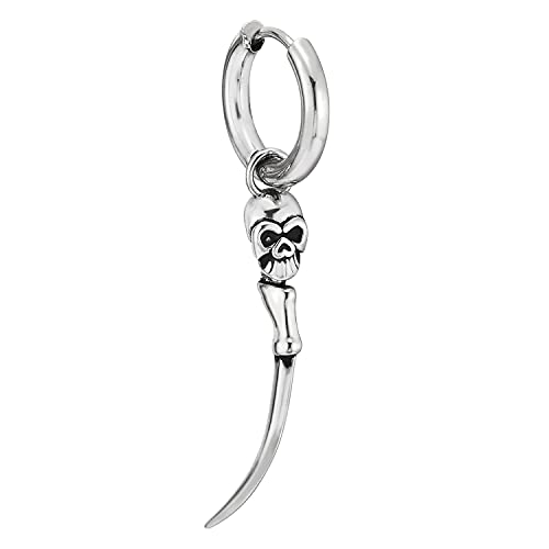 Steel Huggie Hinged Earrings with Dangling Vintage Spiked Curved Tail Sword Skull, Mens Women - COOLSTEELANDBEYOND Jewelry