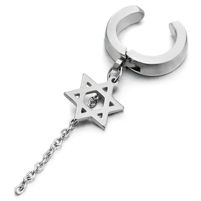 Steel Huggie Hinged Hoop Ear Clip Non-piercing Clip on Earring Dangling Star of David and Long Chain - COOLSTEELANDBEYOND Jewelry