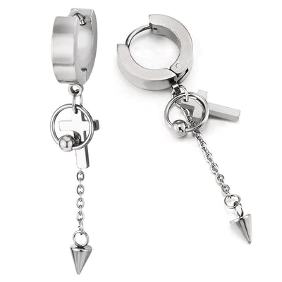 Steel Huggie Hinged Hoop Earrings with Circle Bead, Long Chains Dangle Spike Cone and Cross - COOLSTEELANDBEYOND Jewelry