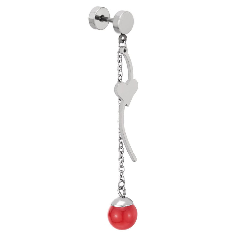 Steel Women Circle Stud Earrings with Long Chain Dangling Red Ball and Heart Charm, Screw Back - COOLSTEELANDBEYOND Jewelry