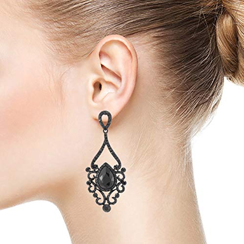 Victorian Black Crystal Rhinestone Filigree Chandelier Floral Large Statement Earrings, Prom Banquet - COOLSTEELANDBEYOND Jewelry