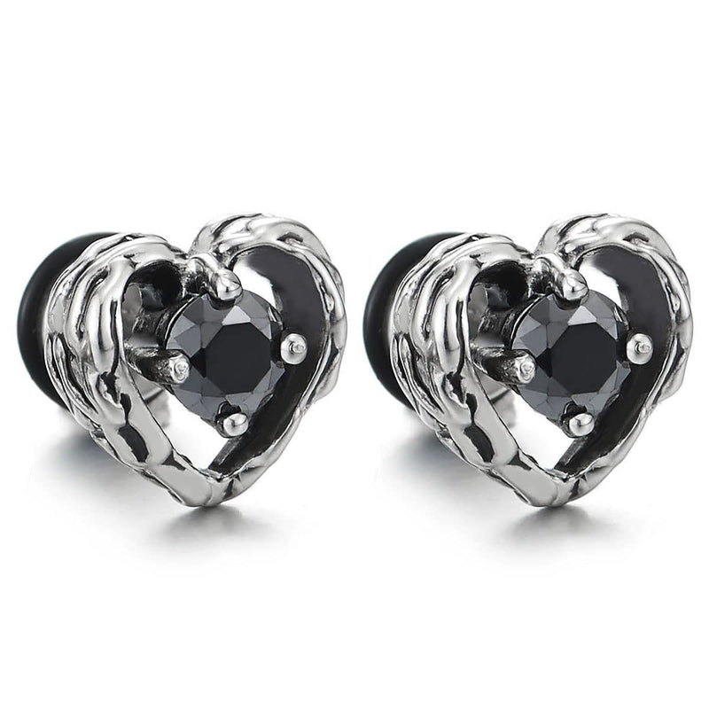 Vintage Steel Womens Tribal Pattern Heart Stud Earrings with Black Cubic Zirconia, Screw Back, 2 pcs - COOLSTEELANDBEYOND Jewelry