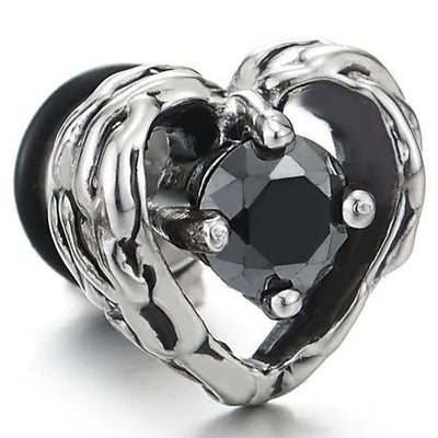 Vintage Steel Womens Tribal Pattern Heart Stud Earrings with Black Cubic Zirconia, Screw Back, 2 pcs - COOLSTEELANDBEYOND Jewelry