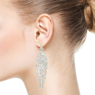 Wedding Bridal Party Banquet Rhinestone Pave Cluster Chain Long Tassel Dangle Statement Earrings - COOLSTEELANDBEYOND Jewelry