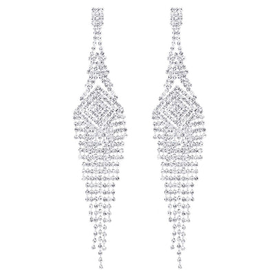 Wedding Bridal Rhinestone Pave Cluster Spiral Square Chain Long Tassel Dangle Statement Earrings - COOLSTEELANDBEYOND Jewelry