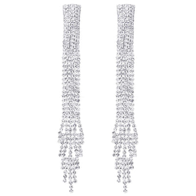 Wedding Party Rhinestone Cluster Long Chain Tassel Waterfall Dangle Statement Earrings, Sparkling - COOLSTEELANDBEYOND Jewelry