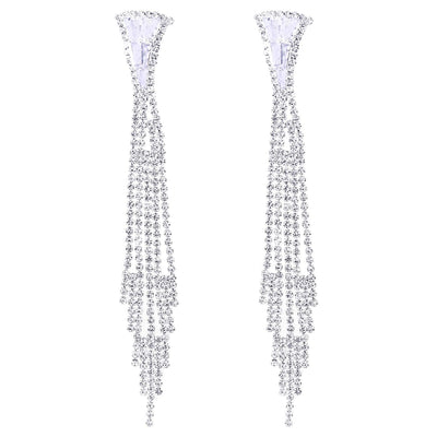 Wedding Rhinestone Crystal Cluster Long Chain Tassel Waterfall Dangle Statement Earrings, Sparkling - COOLSTEELANDBEYOND Jewelry