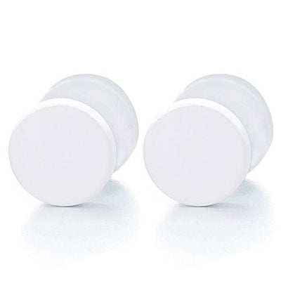 2pcs 6-12MM White Circle Stud Earrings Men Women, Steel Cheater Fake Ear Plugs Gauges Illusion Tunnel - coolsteelandbeyond