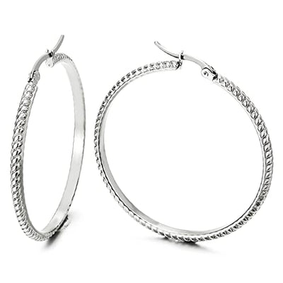 Women Steel Large Braided Pattern Circle Huggie Hinged Hoop Earrings, Fashion - COOLSTEELANDBEYOND Jewelry