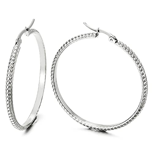 Women Steel Large Braided Pattern Circle Huggie Hinged Hoop Earrings, Fashion - COOLSTEELANDBEYOND Jewelry