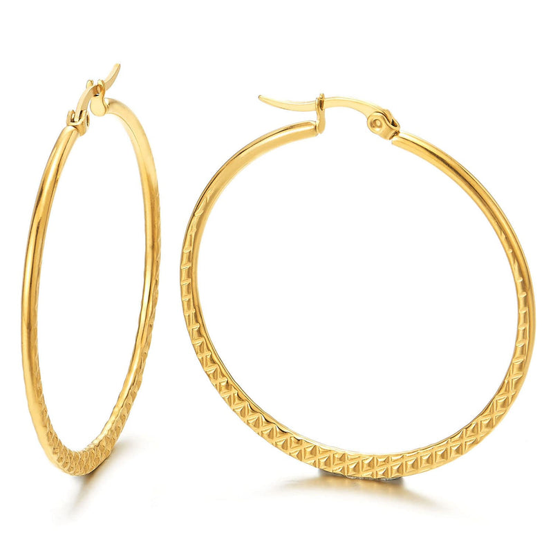 Women Steel Large Grooved Grid Pattern Circle Huggie Hinged Hoop Earrings, Gold Color, Fashion - COOLSTEELANDBEYOND Jewelry