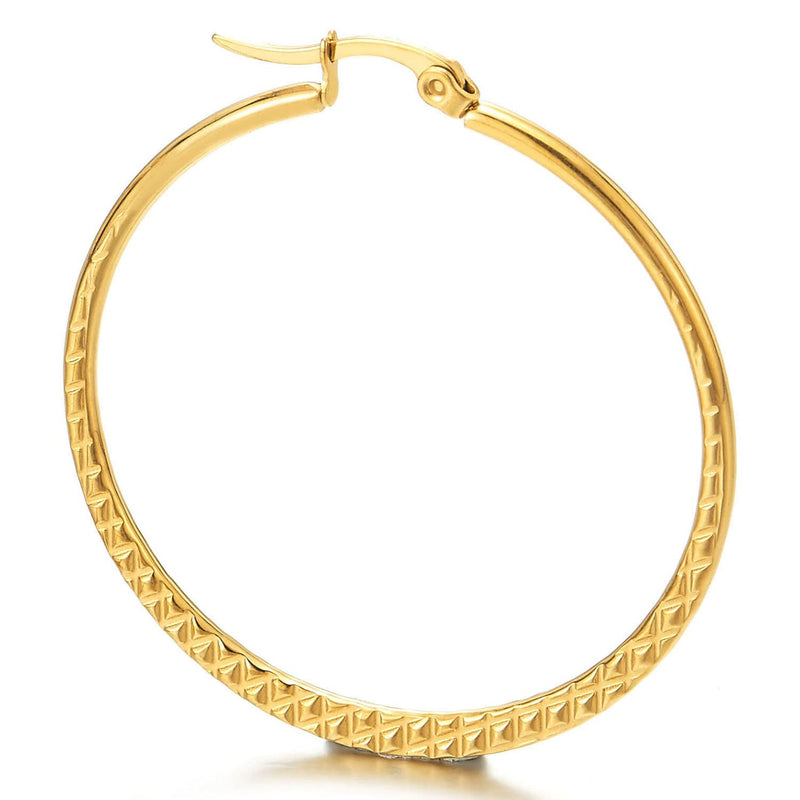 Women Steel Large Grooved Grid Pattern Circle Huggie Hinged Hoop Earrings, Gold Color, Fashion - COOLSTEELANDBEYOND Jewelry