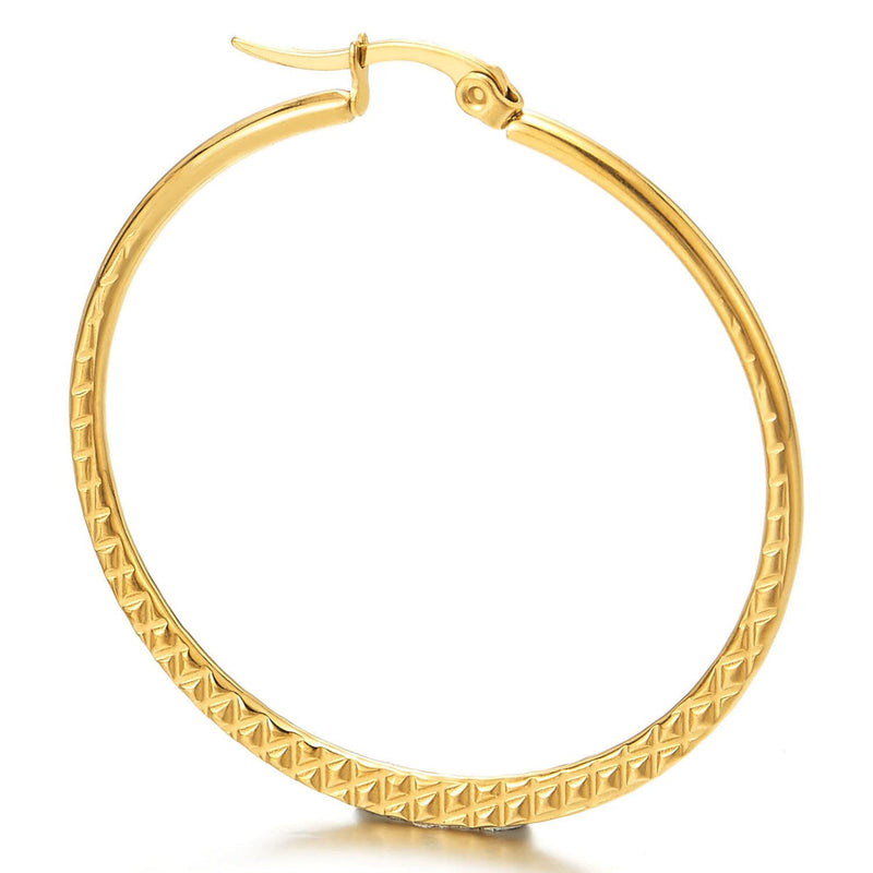 Women Steel Large Grooved Grid Pattern Circle Huggie Hinged Hoop Earrings, Gold Color, Fashion - COOLSTEELANDBEYOND Jewelry
