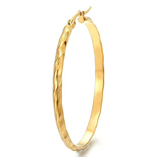 Women Steel Large Grooved Stripes Pattern Circle Huggie Hinged Hoop Earrings, Gold Color, Fashion - COOLSTEELANDBEYOND Jewelry