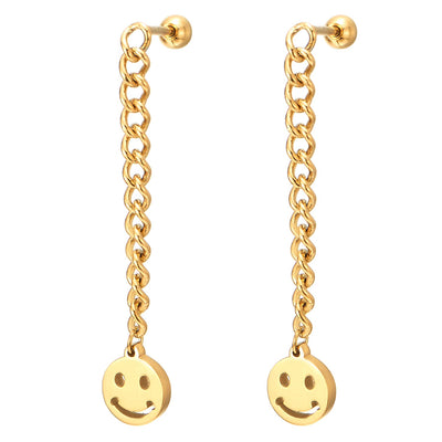 Womens Steel Gold Color Ball Stud Earrings Long Chain Dangling Smiling Face Circle Charm, Screw Back - COOLSTEELANDBEYOND Jewelry