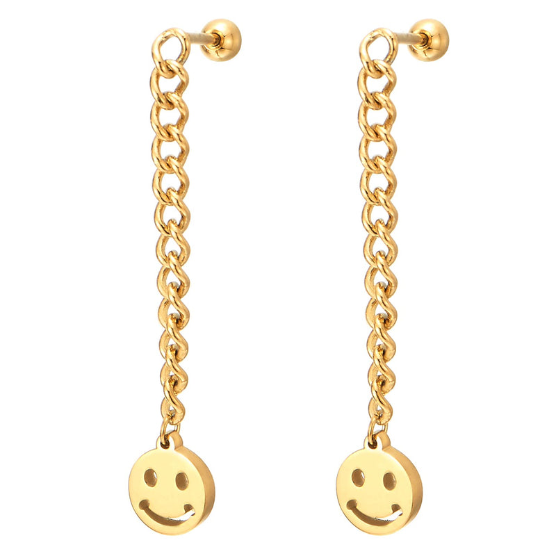 Womens Steel Gold Color Ball Stud Earrings Long Chain Dangling Smiling Face Circle Charm, Screw Back - COOLSTEELANDBEYOND Jewelry