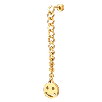 Womens Steel Gold Color Ball Stud Earrings Long Chain Dangling Smiling Face Circle Charm, Screw Back - COOLSTEELANDBEYOND Jewelry