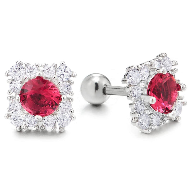 Womens Steel Square Cubic Zirconia Stud Earrings with Red Solitaire CZ, Screw Back - COOLSTEELANDBEYOND Jewelry