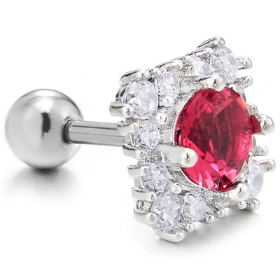 Womens Steel Square Cubic Zirconia Stud Earrings with Red Solitaire CZ, Screw Back - COOLSTEELANDBEYOND Jewelry