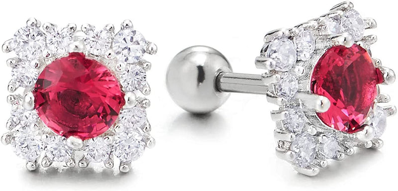 Womens Steel Square Cubic Zirconia Stud Earrings with Red Solitaire CZ, Screw Back - COOLSTEELANDBEYOND Jewelry