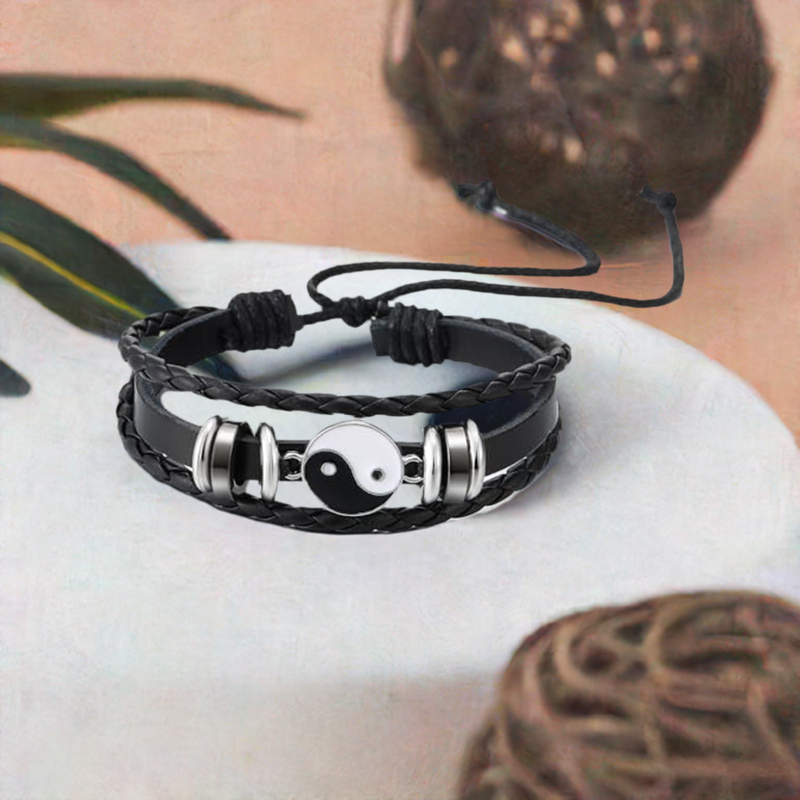 COOLSTEELANDBEYOND Yin-Yang Charm Bracelet, Black Leather Three-strand, Mens Womens Wrap Wristband