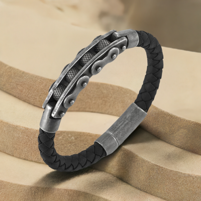 COOLSTEELANDBEYOND Mens Steel Vintage Old Metal Motorcycle Bike Chain Mechanic, Black Braided Leather Bangle Bracelet