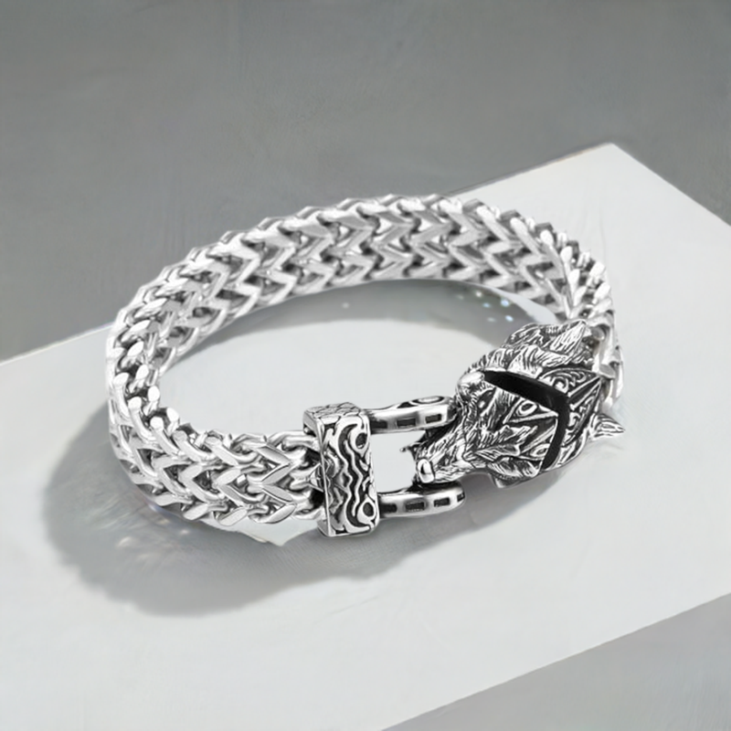 COOLSTEELANDBEYOND Steel Wolf Head Square Franco Chain Mens Biker Masculine Bracelet with Spring Clasp