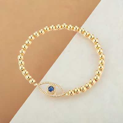 COOLSTEELANDBEYOND Protection Evil Eye Beads Bracelet for Women with Blue and White Cubic Zirconia