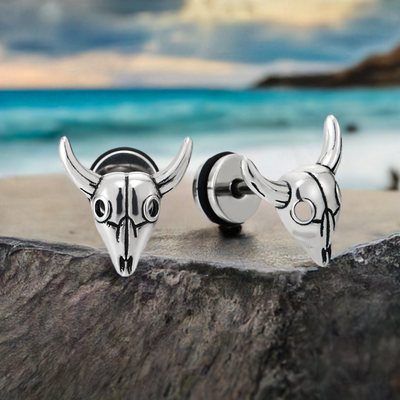 Pair of Bull Goat Skull Stud Earrings Unisex for Mens Stainless Steel