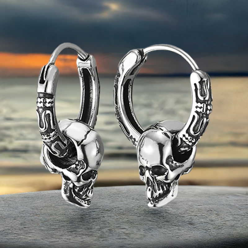 Mens Womens Stainless Steel Vintage Circle Huggie Hinged Hoop Earrings Dangle with Skulls, 2pcs