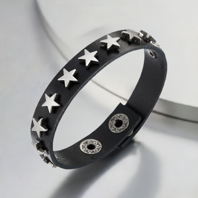 COOLSTEELANDBEYOND Convex Star Rivets Black Leather Bracelet, Punk Rock Biker Wristband for Men Women, Buckle Clasp